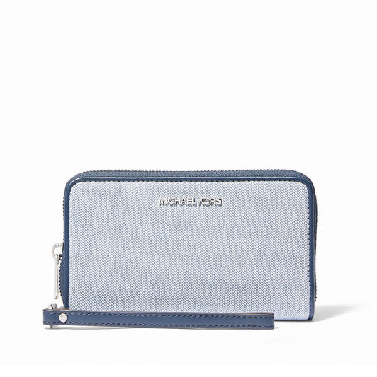 title:Michael Kors Women's Jet Set Washed Denim Smartphone Wristlet;color:Light Denim