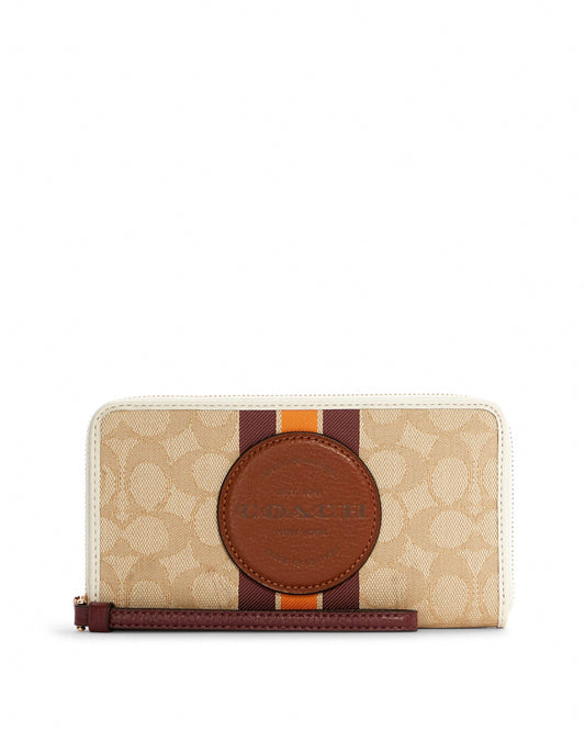 title:Coach Women's Dempsey Large Phone Wallet In Signature Jacquard With Stripe And Coach Patch;color:Khaki / Wine Multi