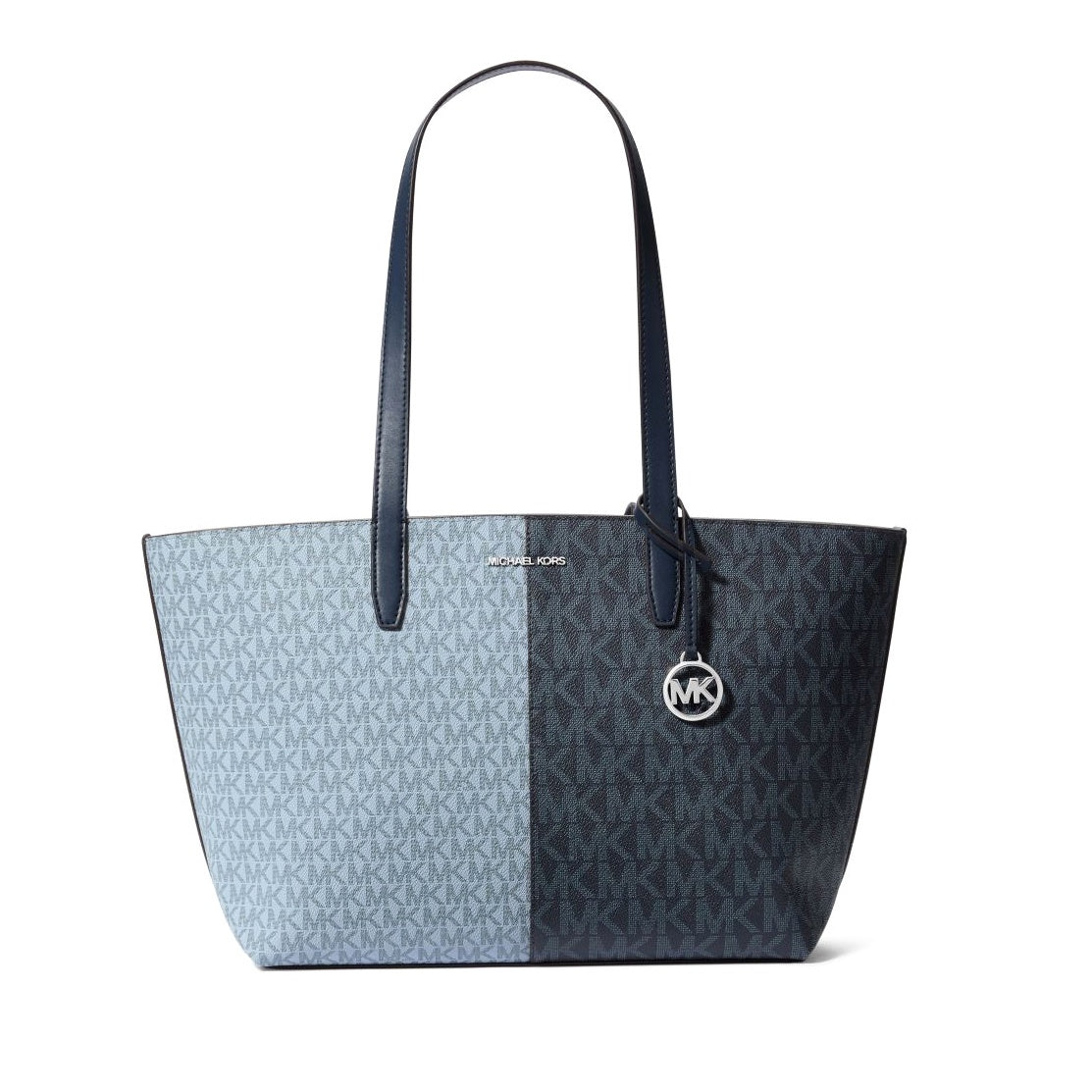 title:Michael Kors Women's Jet Set Travel Logo Print Canvas Medium Zip Top Tote;color:Navy Multi