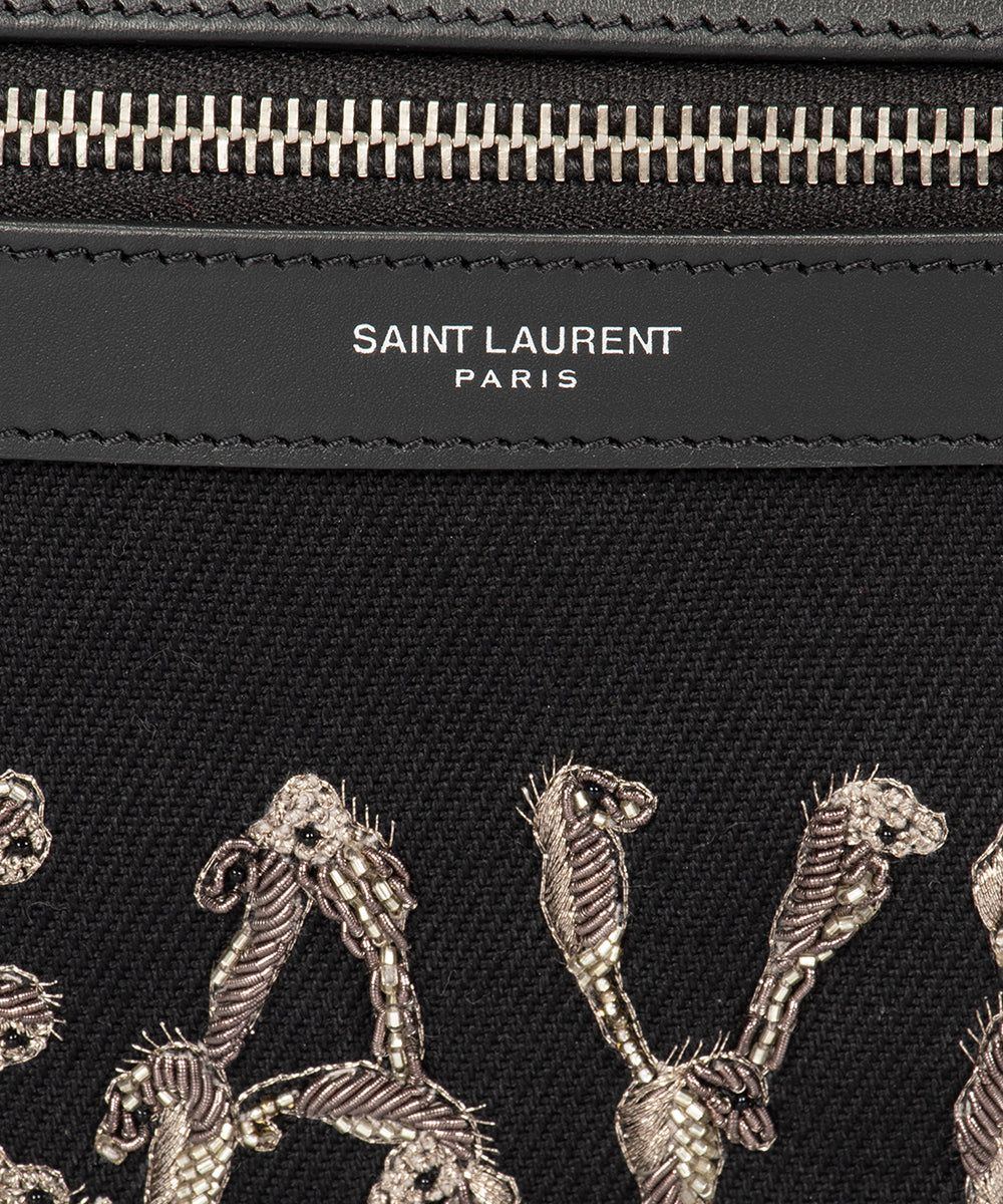 title:Saint Laurent Large Black Canvas Backpack with Leather Accents;color:Black