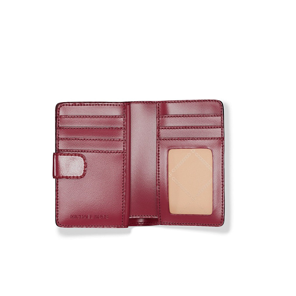 title:Michael Kors Women's Jet Set Travel Medium Bifold Two-Tone Logo Wallet;color:Oxblood Multi