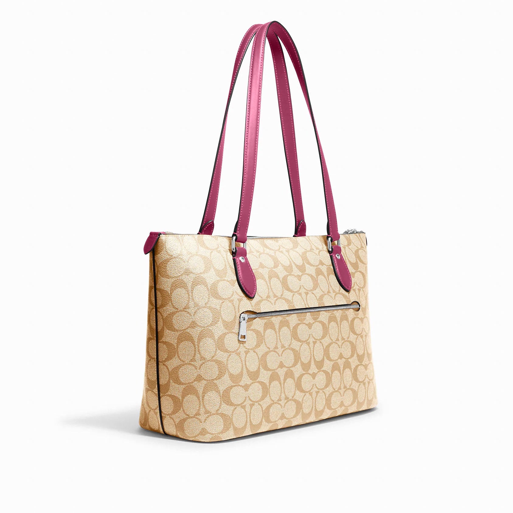 title:Coach Women's Gallery Tote In Signature Canvas;color:Light Khaki / Light Raspberry